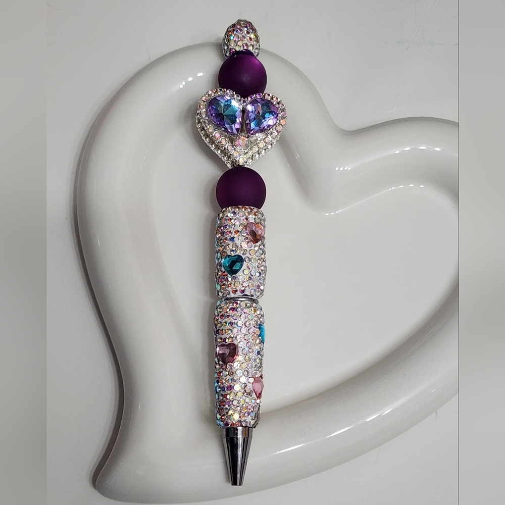 Heart Rhinestone Pen Valentines Day Silver Colorful Gift Beaded Pen